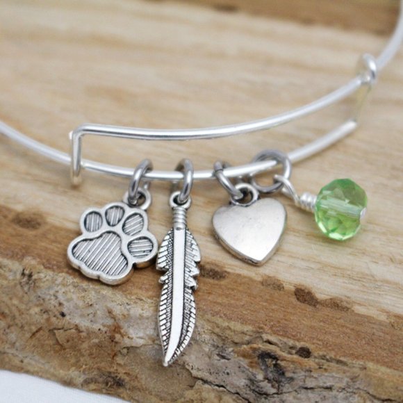 Paw Print, Feather & Heart Adjustable Charm Bangle - Handcrafted Hypoall… - Picture 2 of 4